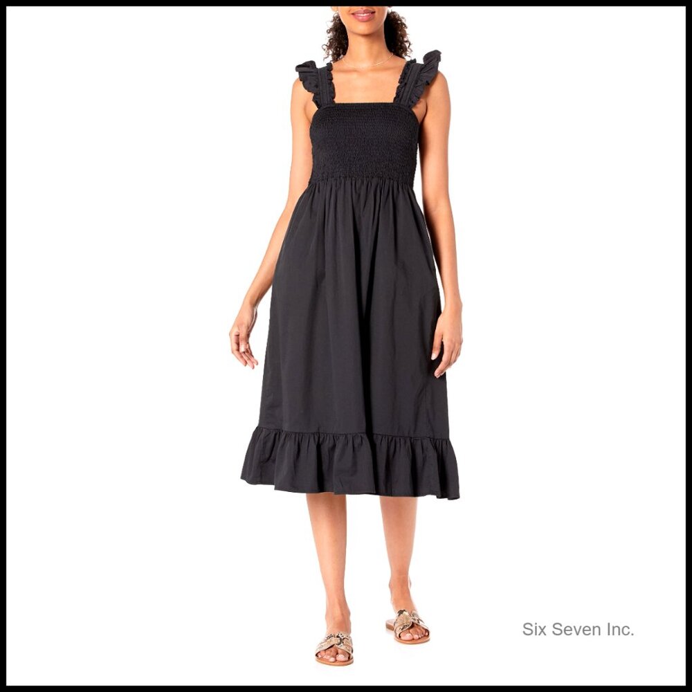 Ruffled Shoulder Smocked Midi Dress